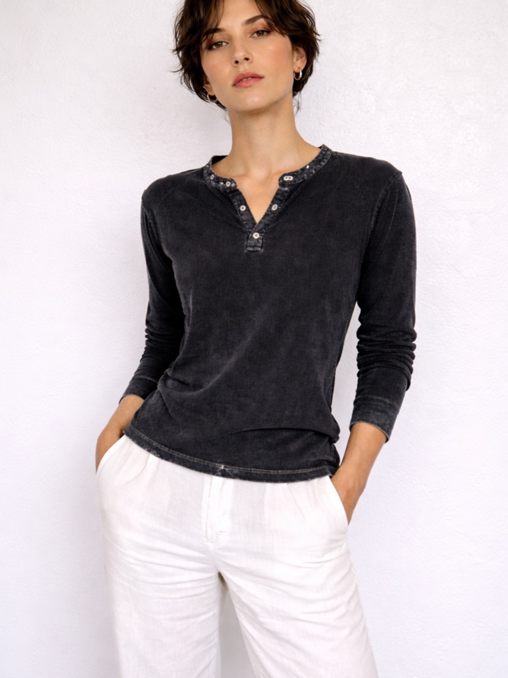 WE THE FREE Free People Black Henley Top Distressed Raw Hem Small Boho Luxury